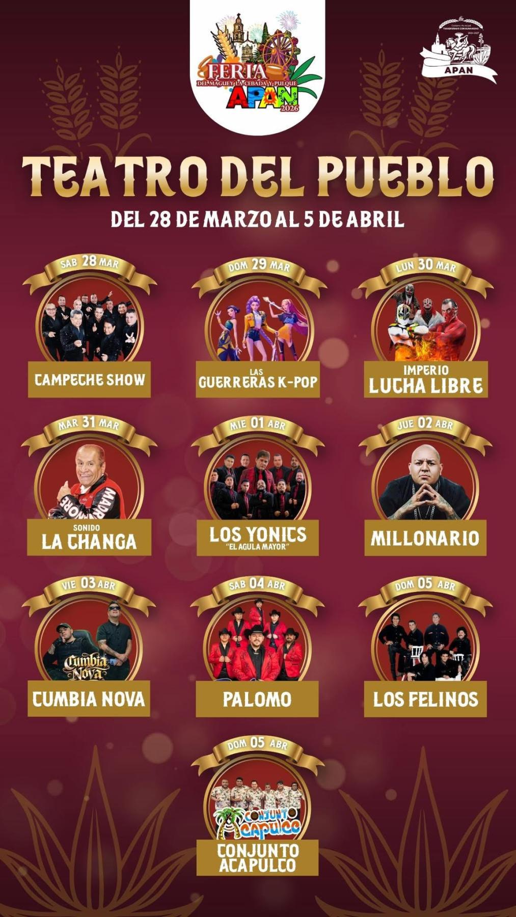 Cartelera artística Feria del Maguey, la Cebada y el Pulque Apan 2026