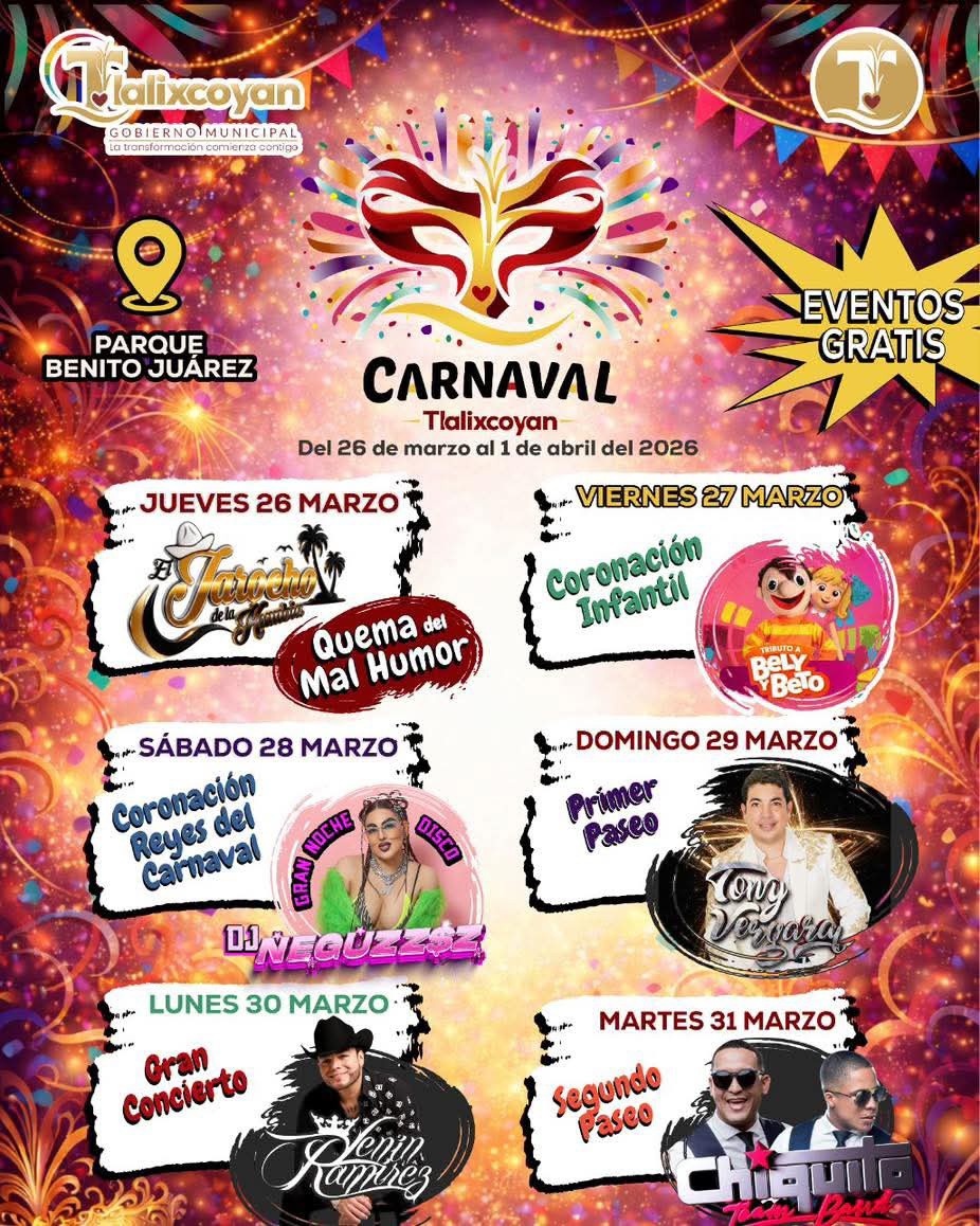 Cartelera Artística Carnaval Tlalixcoyan 2026