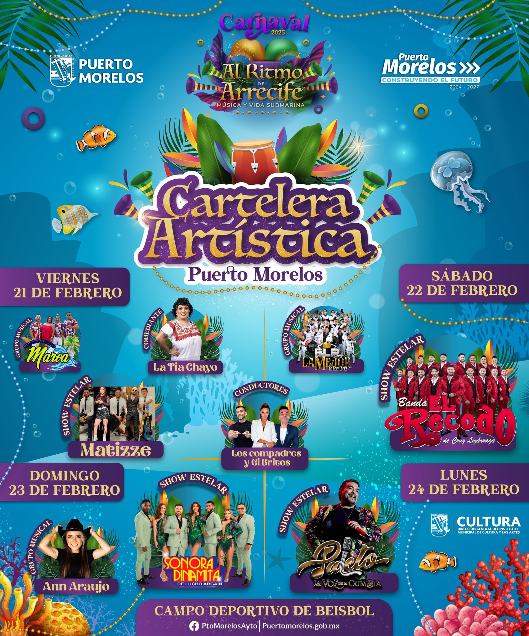 Cartelera artística Carnaval Puerto Morelos 2025