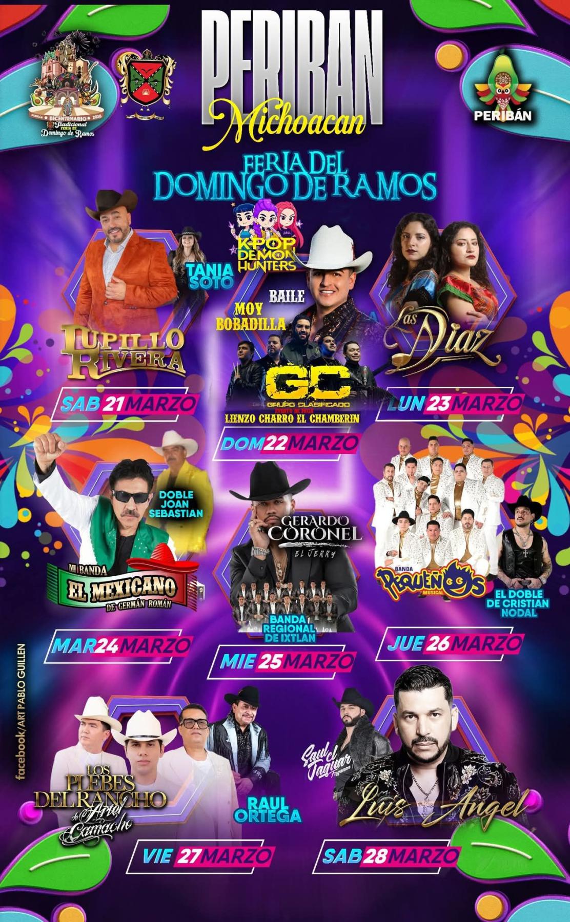 Cartelera artística Feria del Domingo de Ramos Peribán 2026 
