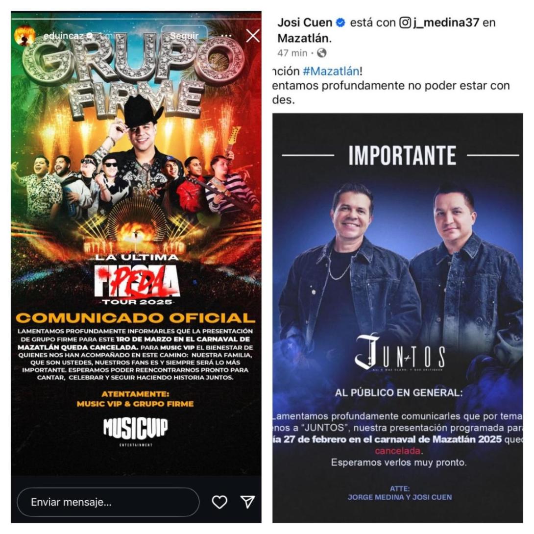 Grupo Firme, Jorge Medina y Josi Cuen cancelan sus conciertos en el Carnaval de Mazatlán 2025